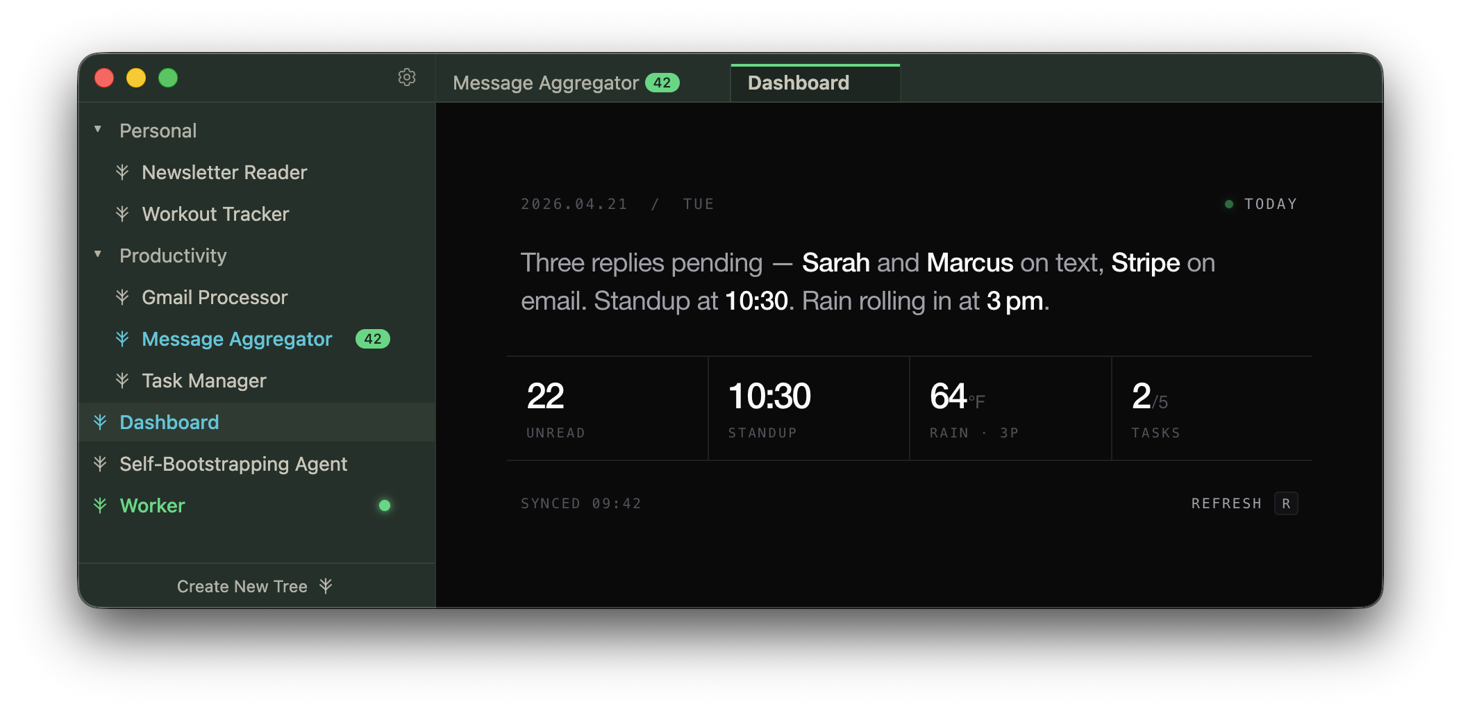 Grove desktop app showing a sidebar of installed trees and a daily-summary tree displaying message counts, calendar, and weather